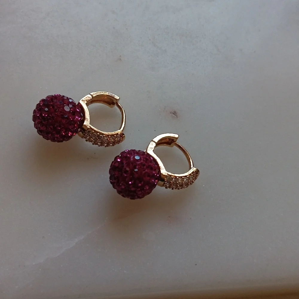 Gold plated pink crystal hoop earrings diamonds simulated